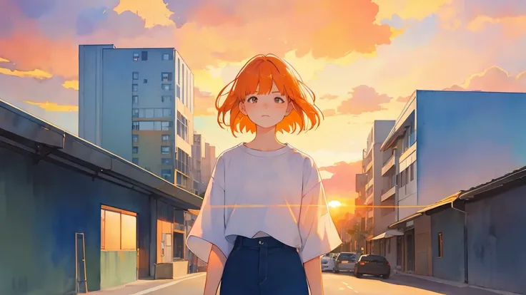 watercolor,building,Girl in the distance,sunset,setting sun,Big Sky,Orange Hair,Bob Hair,Sad expression,whole body,high resolution