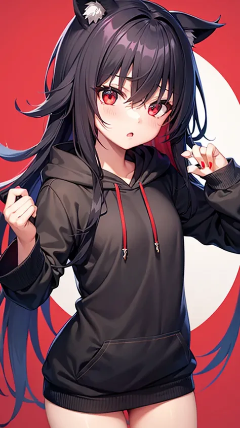 One girl、Red eyes、Black Hair、Black hoodie、Too much exposure、cute、Small breasts