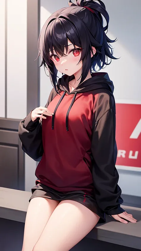 One girl、Red eyes、Black Hair、short、Black hoodie、Too much exposure、cute、Small breasts