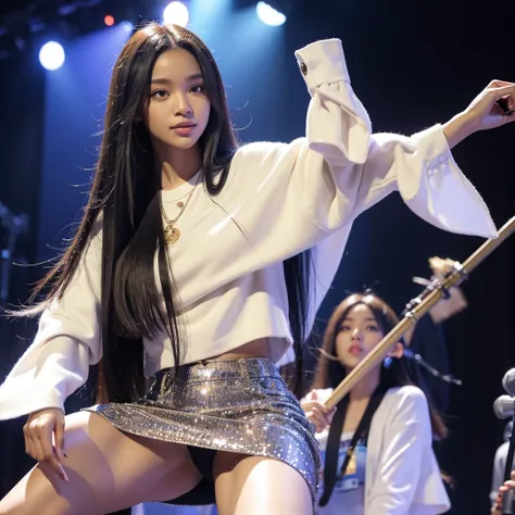 African american celebrity with straight hair posing with korean fan on stage 