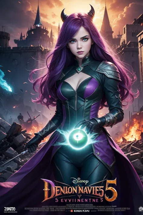 Create a movie poster,descendants 5 with the evil character with the green eye,com a logo da Disney,and behind her with the destroyed castle of Araudon