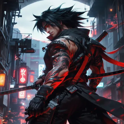 handsome character with sword in city at night, badass anime 8 k, anime cyberpunk art, very beautiful cyberpunk samurai, digital cyberpunk art, realistic