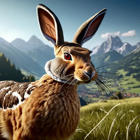 A detailed, hyperrealistic 4K of a Bavarian Wilpertinger from a duck, A rabbit, and a deer, with Tyrolean hat, with sharp edges, in a mountain landscape in the background