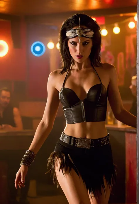 "a bright and intense scene from the film from dusk till dawn featuring santanico pandemonium's seductive dance in a biker bar. ...