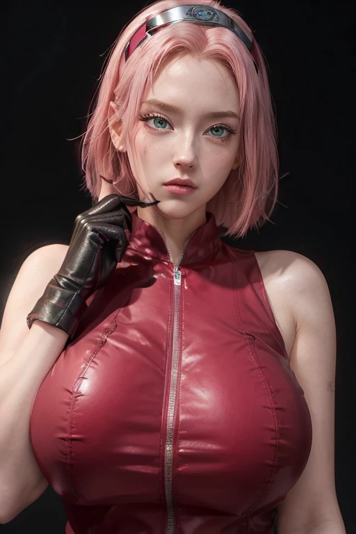 young woman, long pink hair, wide forehead, porcelain skin, pink eyebrows, big emerald green eyes, buttoned nose, thick lips, heart-shaped face, slender body, small breasts, pink leather dress, Sakura Haruno, realistic, realism black details 3d
