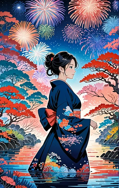 Microphotography, Anime girl made of glass in kimono silhouette, vibrant rainbow river, fireworks in night sky, colorful coral reefs, detailed illustration, Ukiyo-e style 