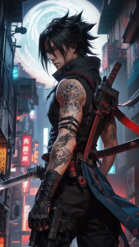 handsome character with sword in city at night, badass anime 8 k, anime cyberpunk art, very beautiful cyberpunk samurai, digital cyberpunk art, realistic