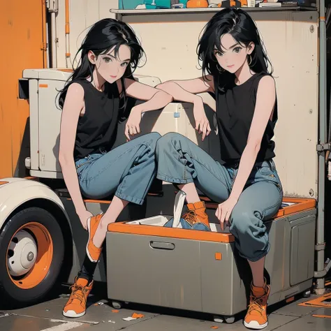 1girl, solo, long hair, looking at viewer, shirt, black hair, sitting, shoes, sleeveless, pants, medium hair, black eyes, black shirt, sleeveless shirt, ground vehicle, yellow pants, orange pants, washing machine