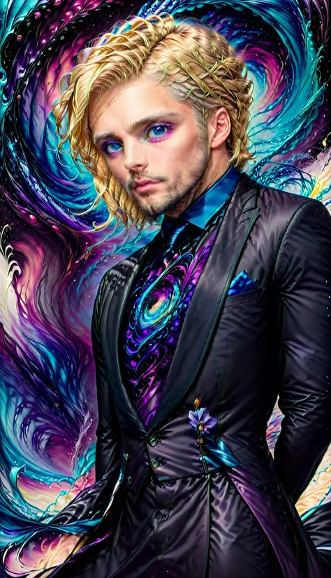 One with blond hair, and purple swirly dress, blue colored eyes, with a man in a black suit, Bblack hair, e blue colored eyes, kissing 