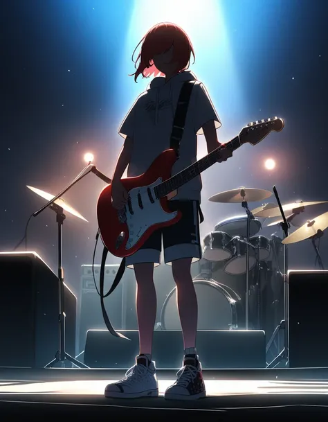 Kyoto Animation、6 stringens、Band member、Electric guitar、Fender Stratocaster、Big Stage、front、sneakers、The face is not clearly visible due to backlighting。