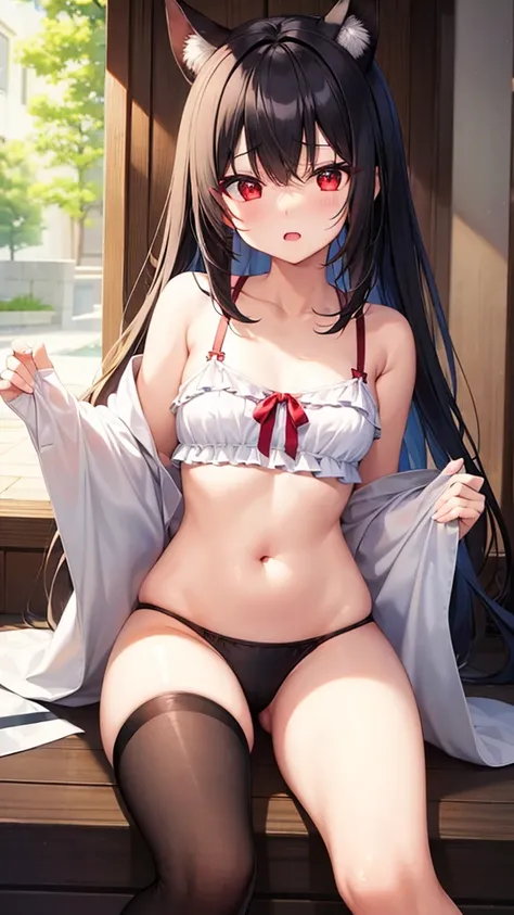 One girl、Red eyes、Black Hair、short、In underwear、cute、Small breasts