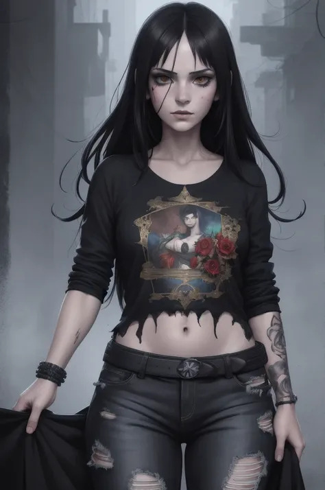 Aesthetic, horror Devil dark painterly style, modern ink, girl Boruto + Arlequina feiticeira black blood dark jeans short tshirts espinhos tattoo, expressive pose, urbanpunk, multi-layered perfect texture background, neo-expressionist, Russ Mills, Ian Mill...