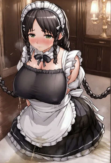 Anime. 1 girl. Housemaid. Disabled person. Ssbbw. Amputee. Legless. Black hair. Long hair. Hair is gathered in braids. Green eyes. Beautiful eyes. Perfect eyes. Expressive eyes. Beautiful nose. Snotty nose. Snot flows from the nose. Very thick body. The ar...