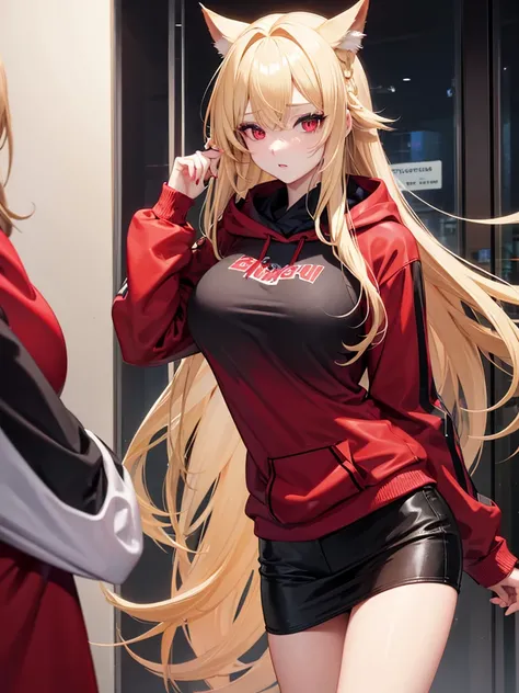 Blonde long hair girl with red eyes and big breast wearing a hoodie 