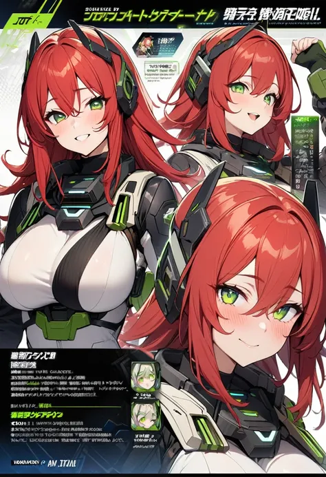 (masterpiece), best quality, expressive eyes, perfect face, long red hair, shining green eyes, fair skin, joyful, futuristic tactical gear, very large breasts, simple headgear,  character sheet