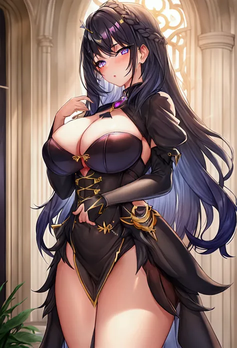 Girl with large thighs small waist and small breast, detailed long black iridescent hair, detailed iridescent eyes, 8k