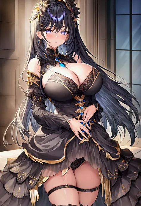 Girl with large thighs small waist and small breast, detailed long black iridescent hair, detailed iridescent eyes, 8k