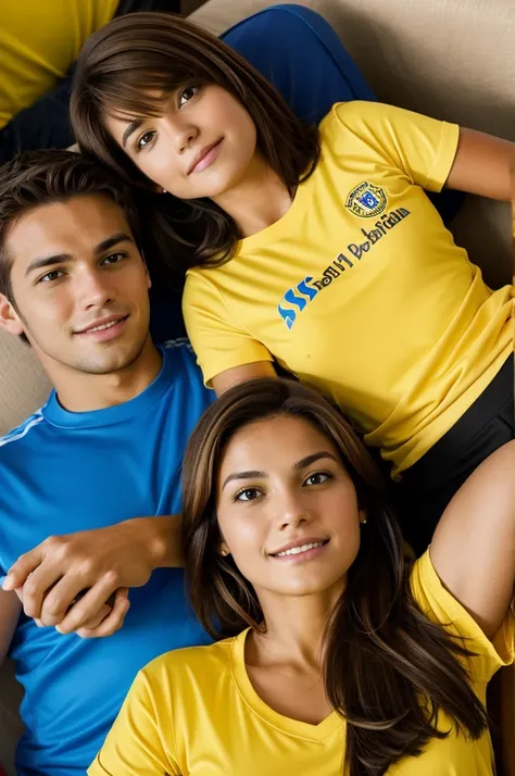 Woman with short, straight light brown hair. He is on his back watching a soccer game and is wearing a yellow t-shirt with Sofía&#39;s name and the number 10 written on it.. 