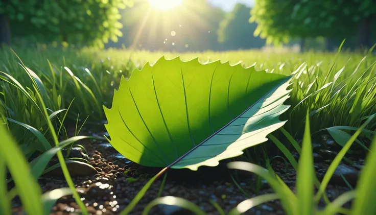 there is a leaf that is sitting on the ground in the grass, masterpiece. rendered in blender, 4 k masterpiece, 4k masterpiece, gods creation, masterpiece ; behance hd, close establishing shot, spiritual masterpiece, 2 0 2 1 cinematic 4 k framegrab, 8 k mas...