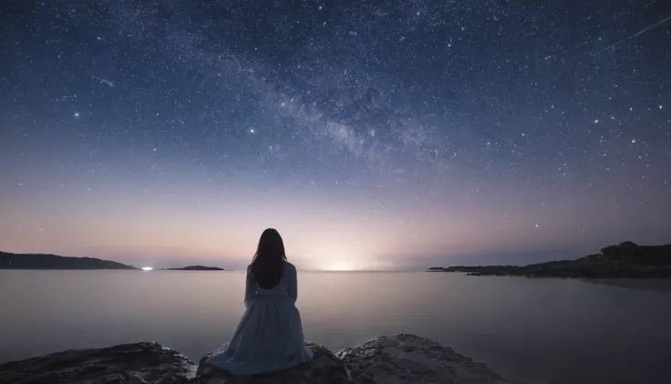 Beautiful woman looking at the starry sea
