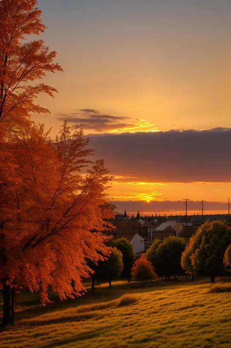 Beautiful little village. Golden atmosphere. sunset. Red Twilight. Dark trees. ash. 