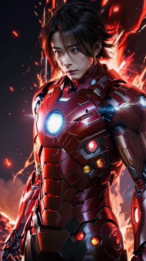 anime character with glowing red and black armor standing in front of a fire, cyberpunk iron man, badass anime 8 k, red armor, superior iron man, like ironman, high-tech red armor, 4 k manga wallpaper, anime style 4 k, concept art of tony stark, iron man, ...