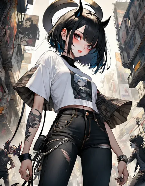 Aesthetic, horror Devil dark painterly style, modern ink, girl Boruto + Sabrina feiticeira black blood dark jeans short tshirts espinhos tattoo, expressive pose, urbanpunk, multi-layered perfect texture background, neo-expressionist, Russ Mills, Ian Miller...