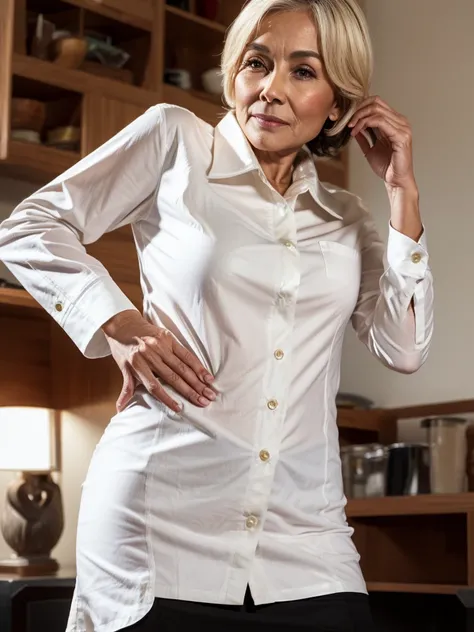 The best picture,The most realistic,4K clarity, woman sexy,Age 70,White long-sleeved cotton shirt ,black Pencil Skirt leather,

    