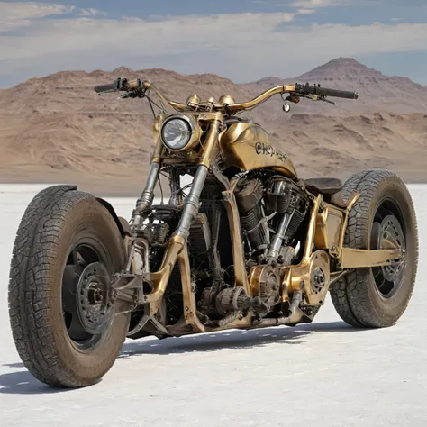 chopper bike,gold with black wheels, at lonley highway on an alien planet, desert, hyper detailed, sand,,