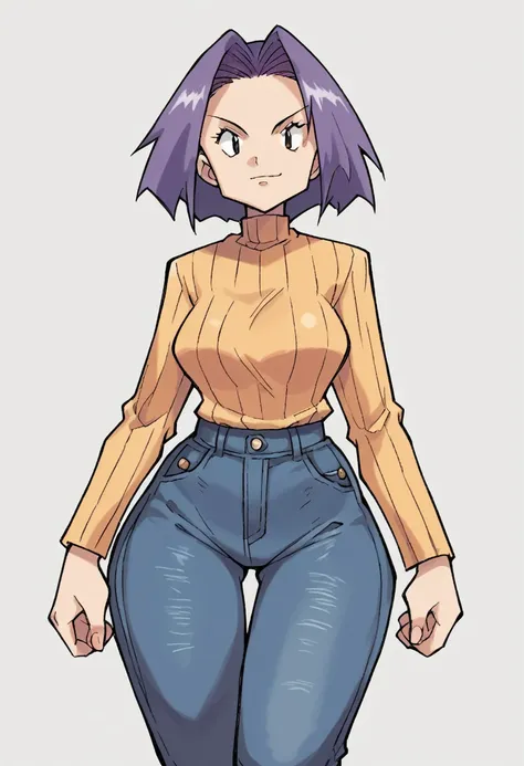 ((human female 40 ager)), solo , purple hair  ,  manga style ,big wide hips  , wearing pants