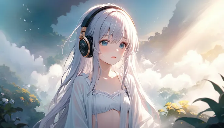 character: one girl
age: 18
wearing: large headphones
appearance: beautiful girl
clothing: revealing
mood: mystical

background:...