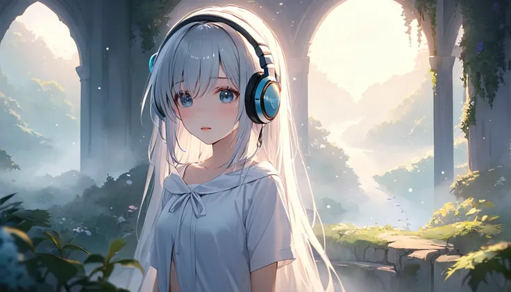 character: one girl
age: 18
wearing: large headphones
appearance: beautiful girl
clothing: revealing
mood: mystical

background:...