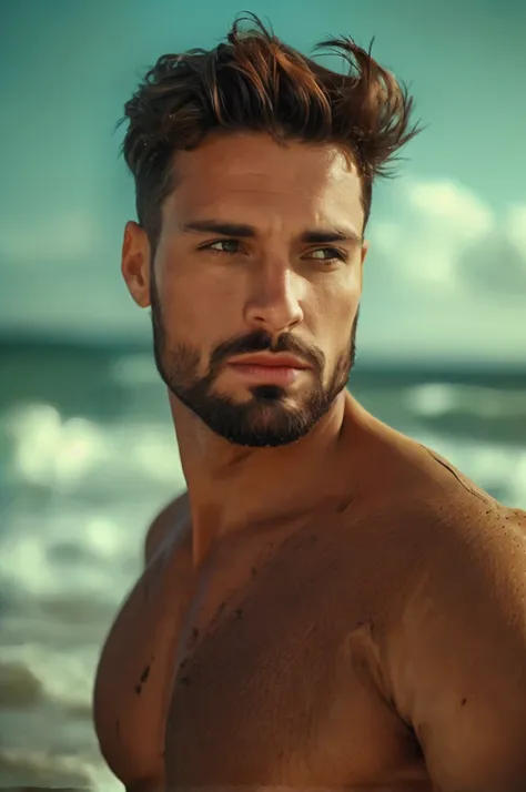 wide shot, realistic photo of handsome men ,beach