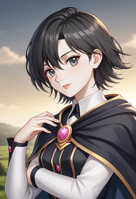 Young woman, nineteen years old woman, white skin, young magician, dark gray eyes color, short wave black hair, black linen blouse, black fitted trouses, medieval cape. 