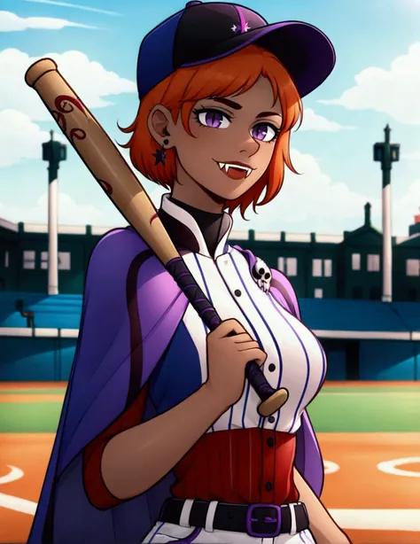 score_9, score_8_up, score_7_up, (solo close-up of gentle vampire lady holding baseball bat:1.4) in (dynamic pose:1.0) amidst (b...