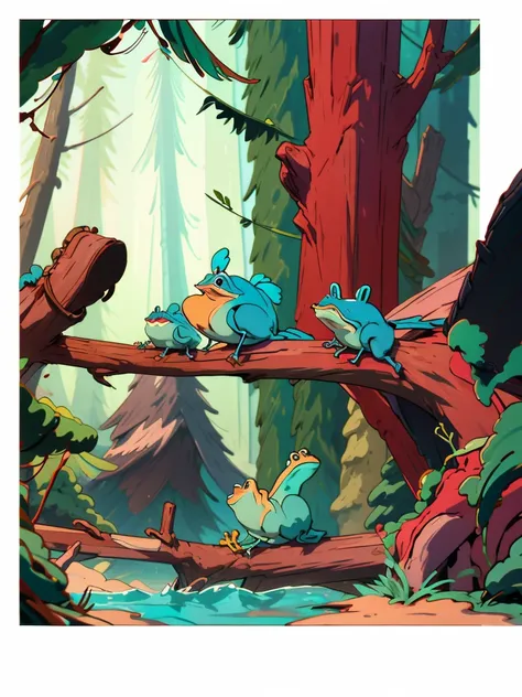 small lovely, kind and fabulous frogs on a log in the forest