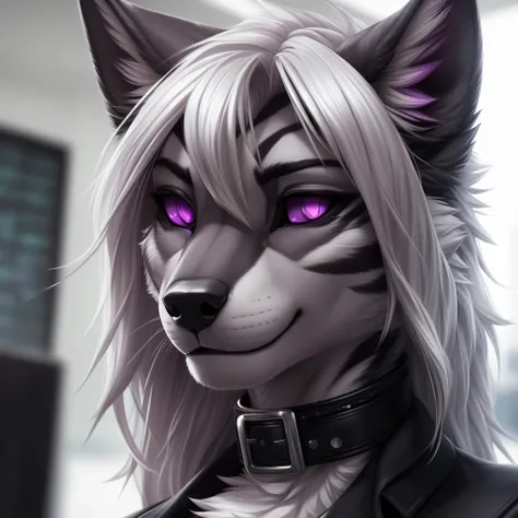 uploaded on e621, (by Wildering, by Koul, by fluff-kevlar, by aycee, by kilnah), solo, female wolf, wolf ears, neck tuft, ((black sclera, purple eyes)), ((office attire)), (masterpiece), (best quality), (anthro furry:1.3, snout:1.3, anthro:1.3, furry:1.2, ...