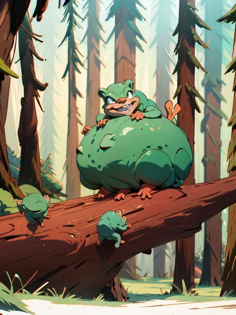 little green frogs smiling in the forest on a log