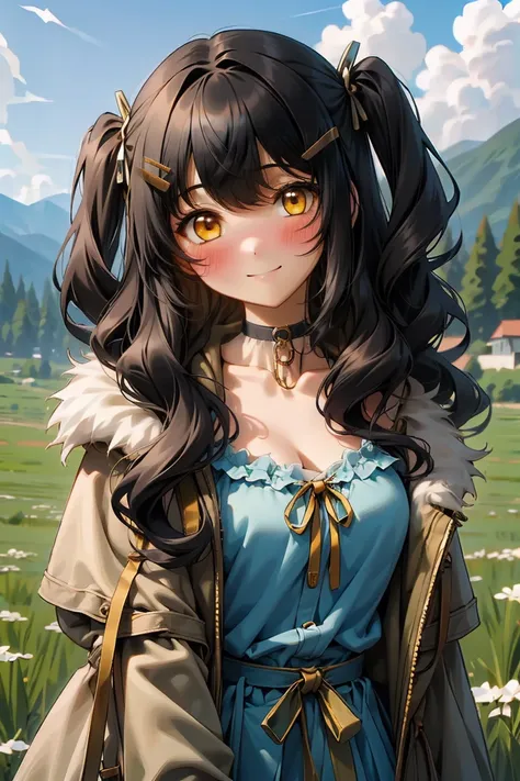 (masterpiece:1.2), (high quality:1.2), girls with((1girl, solo, black hair, yellow eyes, (wavy long hair, one side up, hairclips...