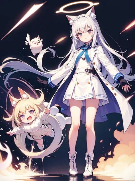 White silk tights，Short skirt，Boots，Lining，coat，White long hair，A cat lady，Loli，small headdress，White, light blue, light pink，Standing，Halo