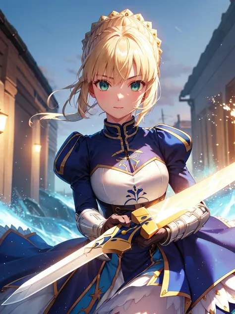 (masterpiece:1.4), (highest quality:1.4), realistic, one girl, artoria pendragon, armor,, (destiny/stay night\), (holding great ...