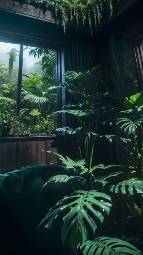 Living room with a view of a mountain and a forest, mountainous jungle scenery, jungle scenery, Like a scene from Blade Runner, magical atmosphere, pintura escura ultrarrealista, in a jungle environment, pleasant environment, cloud forest, beautiful jungle...