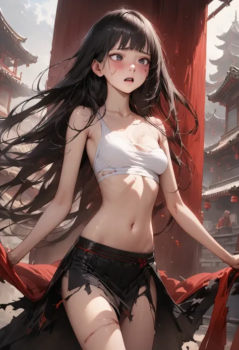 ((masterpiece,Highest quality:1.3,best quality illustration)),(realistic),cowboy shot,独奏,1woman,18 year old beauty,black hair,long hair,bangs,black eyes,gorgeous big eyes,((very small head:1.3)),Pain,((very long body:1.2,skinny)),medium breasts,(Injury:1.3...