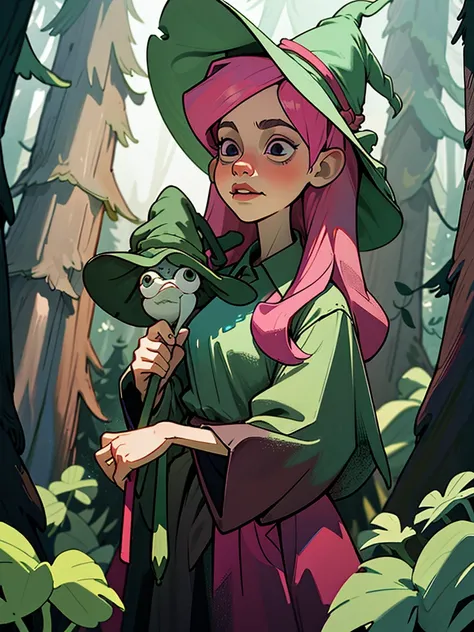 witch girl in the forest with herbs and potions. she has long pink hair, dark eyes, a witch dress, a hat with a frog on her head...