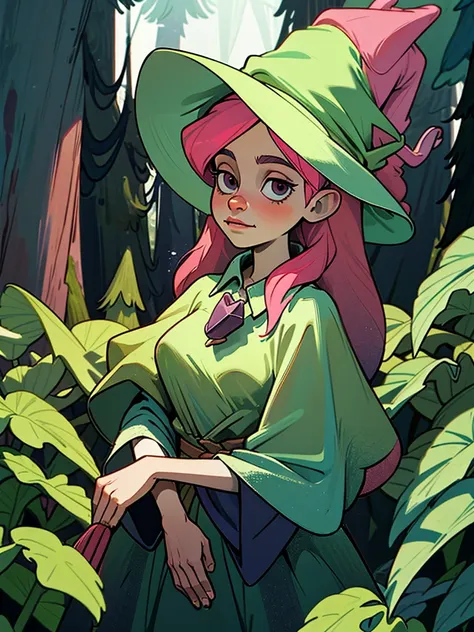 witch girl in the forest with herbs and potions. she has long pink hair, dark eyes, a witch dress, a hat with a frog on her head...