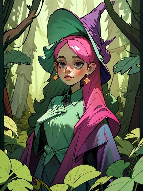 witch girl in the forest with herbs and potions. she has long pink hair, dark eyes, a witch dress, a hat with a frog on her head...