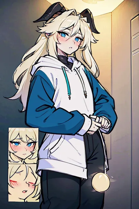 a character with beige skin, long white hair, long goat horns, green hoodie, black pants, black sneakers, blue eyes, anime, male...