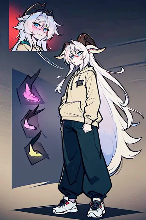 a character with beige skin, long white hair, long goat horns, green hoodie, black pants, black sneakers, blue eyes, anime, male...