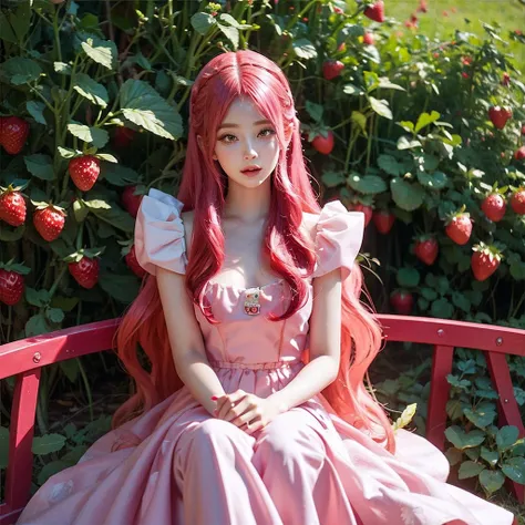 araffe girl with pink hair sitting in a field of strawberries, belle delphine, red wig, anime girl cosplay, anime barbie doll, a...