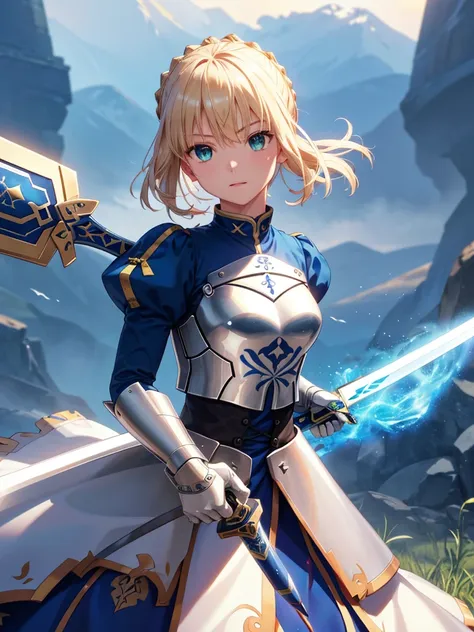 (masterpiece:1.4), (highest quality:1.4), realistic, one girl, artoria pendragon, armor,, (destiny/stay night\), 
 glowing sword...